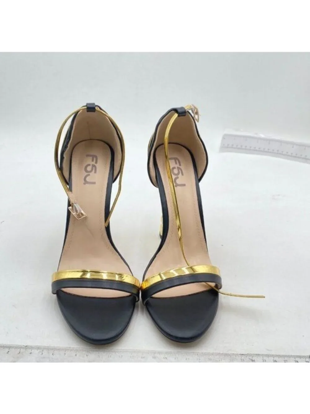 FSJ Women Flower Gold Metal Chain Chunky High Heels Ankle Strap Sandals Black